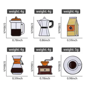Size guide for coffee enamel pins showing dimensions of moka pot and grinder designs