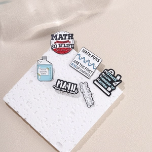 Set of 6 creative math theme enamel pins with funny English slogans on a white stone base