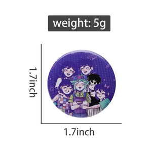 Detailed size chart for the purple anime tinplate badge measuring 1.7 inches and 5g