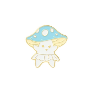 Cute cartoon mushroom enamel pin featuring a blue cap with white spots in golden finish