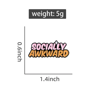 Detail view of Socially Awkward enamel pin showing 1.4 inch width and 5g weight specs
