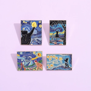 Set de broches en émail Van Gogh avec chats, Nuit Étoilée et Tournesols pour décoration