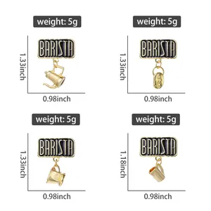 Size chart for coffee theme enamel pins featuring dimensions and weight of barista badges