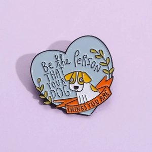 Creative enamel heart brooch featuring a cute puppy illustration and orange ribbon motif