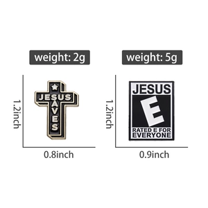 Close-up of black and white enamel pins with Jesus Saves cross and Rated E for Everyone design