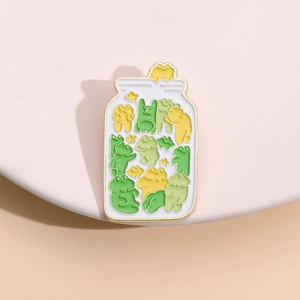 Cute green frog jar enamel pin badge with golden metal edges for clothes decoration