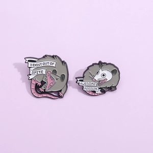 Funny cartoon opossum enamel pins set with I Exist Out of Spite and Awesome Possum text