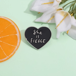 Black Heart Alloy Enamel Pin With She Is Fierce Lettering Lacquered Metal Badge Fashion Brooch For Women Jewelry Decoration