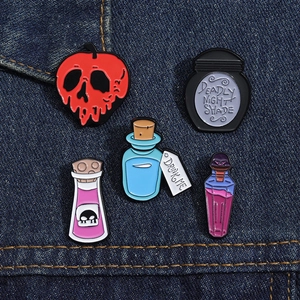 5-piece magical potion enamel pins set featuring poison apple and drink me potion designs