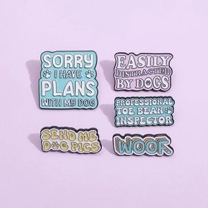 Five creative cartoon dog enamel pins set with funny quotes on light purple background