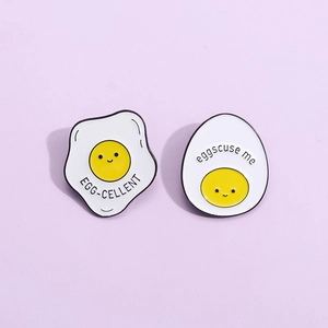 Funny poached egg enamel pin set with Egg-cellent and Eggscuse me text for clothes