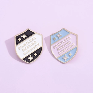 Shield Shape Pointless Meeting Survivor Enamel Pin Alloy Brooch Funny Slogan Badge Creative Jewelry Gift For Office Workers