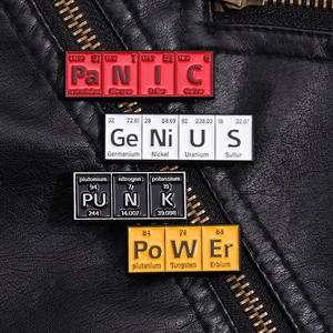 Close-up of four chemical element pins spelling PANIC GENIUS PUNK POWER on leather