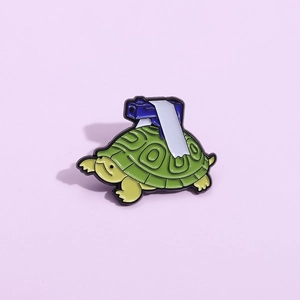 Funny Cartoon Green Turtle With Blue Gun Enamel Brooch Creative Mysterious Leg Bruise Club Alloy Badge Personalized Jewelry Gift