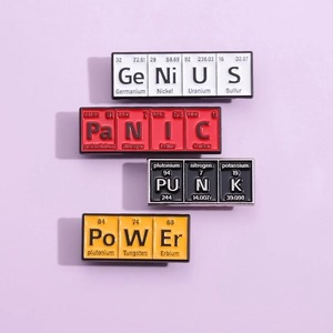 Creative periodic table enamel pins set featuring Genius Panic Punk and Power badges