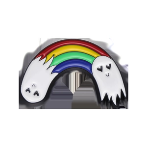 Detailed macro view of the rainbow ghost enamel pin with colorful stripes and heart eyes