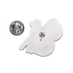 Silver metal brooch back view featuring butterfly clutch pin and textured finish