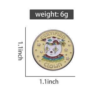 Detail view of colorful Certified Clown enamel pin with glitter details and size dimensions