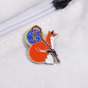 Cute red fox magic staff brooch enamel pin on white canvas bag for backpack decoration