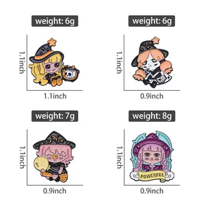 Detailed size chart for magical girl anime enamel pins showing weight and dimensions