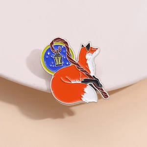 Cute fox enamel pin with magic wand and lantern design for creative animal jewelry lovers