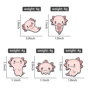 Size chart showing dimensions and weight for five cute pink axolotl enamel brooches