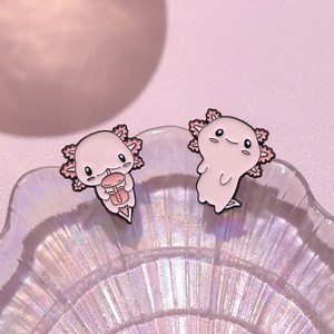 Cute pink axolotl enamel pin set with boba tea design for creative animal accessories