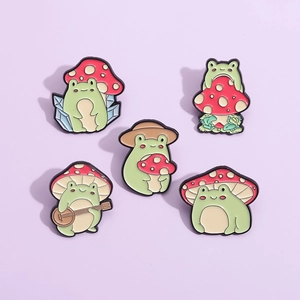 Cartoon Frog Mushroom Enamel Brooch Pin Cute Animal Alloy Badge For Backpack Clothing Decoration Accessories Women Men Jewelry Gift