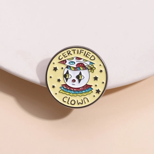 Colorful enamel pin with a certified clown design and polished yellow metal finish