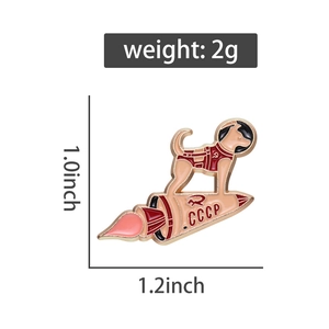 Detailed view of Laika Soviet space dog enamel pin with rocket and CCCP marking
