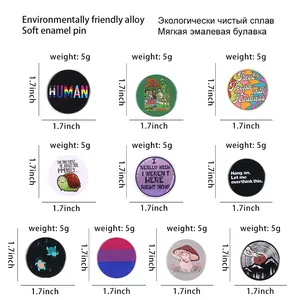 Size specifications for 1.7-inch round soft enamel pins with colorful graphic designs