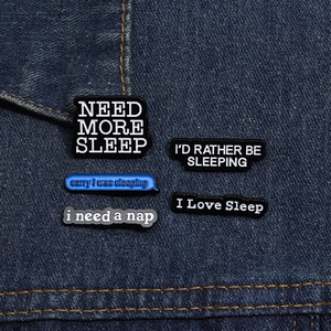 5-piece Sleep Quote Enamel Pin Set on denim background, zinc alloy and lacquer finish