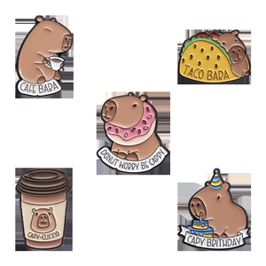Cute capybara enamel pin set with cafe taco and donut themed cartoon animal designs