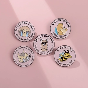 Set of 5 enamel animal pins featuring sloth, bear, and bee with funny quotes