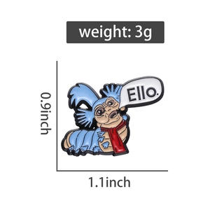 Detailed view of Ello cartoon enamel pin with weight and size specifications