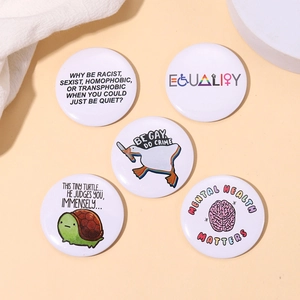 5-piece set of white round tinplate badges with equality and mental health slogans