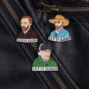 Detail of artistic Van Gogh enamel pins with creative slogans on black leather jacket