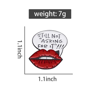 Detail view of 1.1 inch red lips enamel pin showing weight and size specifications