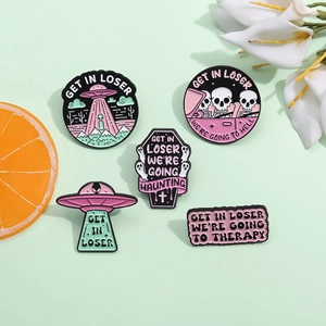 Punk Alien UFO Skeleton Enamel Brooch Pin Set Funny Get In Loser Slogan Alloy Badge For Halloween Party Clothing Backpack Decor