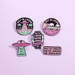 Funny purple cartoon alien UFO skull enamel pin set for clothing and bags