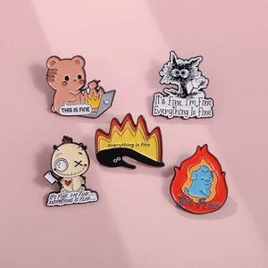 5-piece set of cartoon cat and bear enamel pins with 'Everything Is Fine' internet meme theme