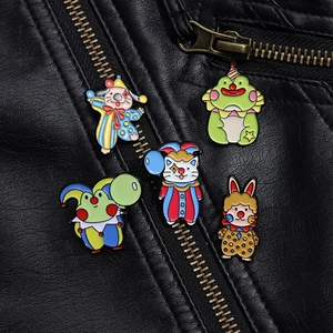 Detailed view of colorful clown animal enamel pins set on a black leather jacket
