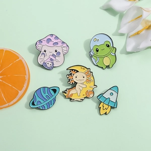Five-piece cartoon space animal enamel pins set with space shuttle and frog astronaut
