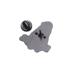 Detail view of the matte black enamel pin back with textured surface and rubber clutch