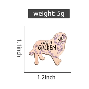 Détails du pin's Golden Retriever montrant les dimensions et le texte doré
