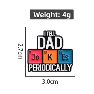 Detail shot of Dad Jokes enamel pin showing 3cm size dimensions and periodic table style
