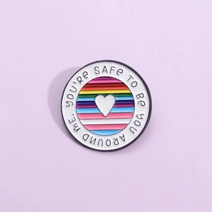 Rainbow Stripes Heart Enamel Pin You Are Safe To Be You Around Me Slogan Alloy Badge Round Brooch LGBTQ Support Accessory