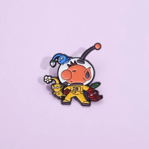 Detail showing colorful enamel Pikmin pins with Captain Olimar on a purple background