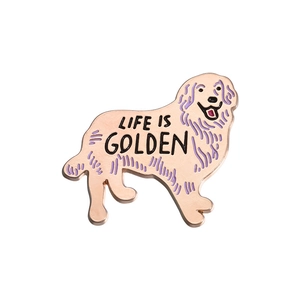 Broche créative en émail Golden Retriever rose doré avec texte Life is Golden