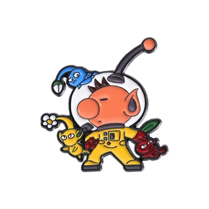Detail of Olimar and colorful Pikmin enamel pin with vibrant enamel coating finish
